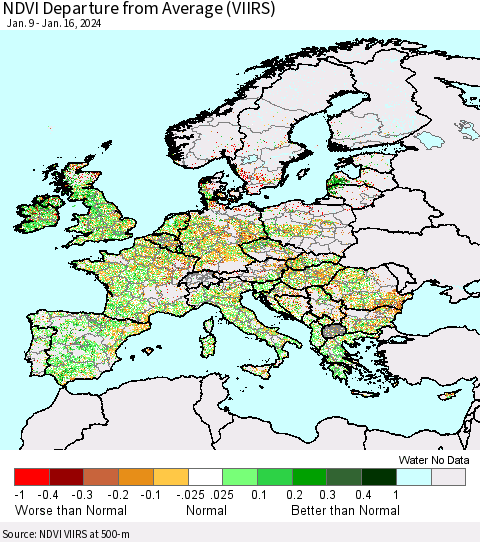 Europe NDVI Departure from Average (VIIRS) Thematic Map For 1/9/2024 - 1/16/2024