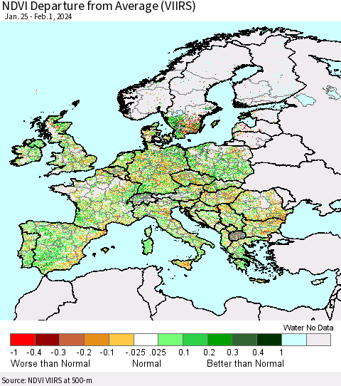 Europe NDVI Departure from Average (VIIRS) Thematic Map For 1/25/2024 - 2/1/2024