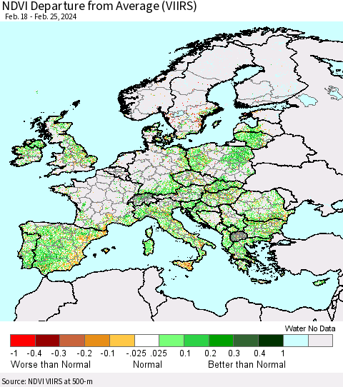 Europe NDVI Departure from Average (VIIRS) Thematic Map For 2/18/2024 - 2/25/2024