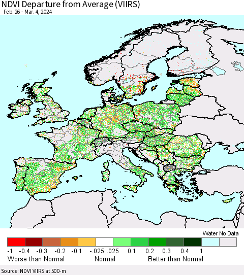 Europe NDVI Departure from Average (VIIRS) Thematic Map For 2/26/2024 - 3/4/2024