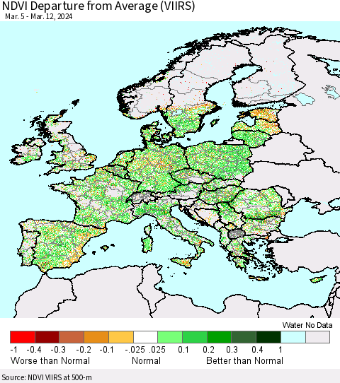 Europe NDVI Departure from Average (VIIRS) Thematic Map For 3/5/2024 - 3/12/2024