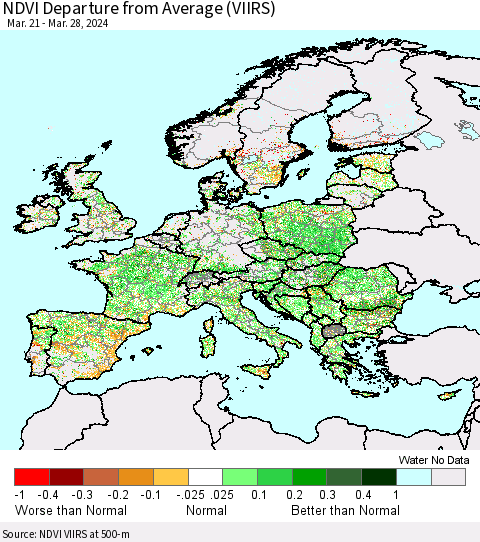 Europe NDVI Departure from Average (VIIRS) Thematic Map For 3/21/2024 - 3/28/2024