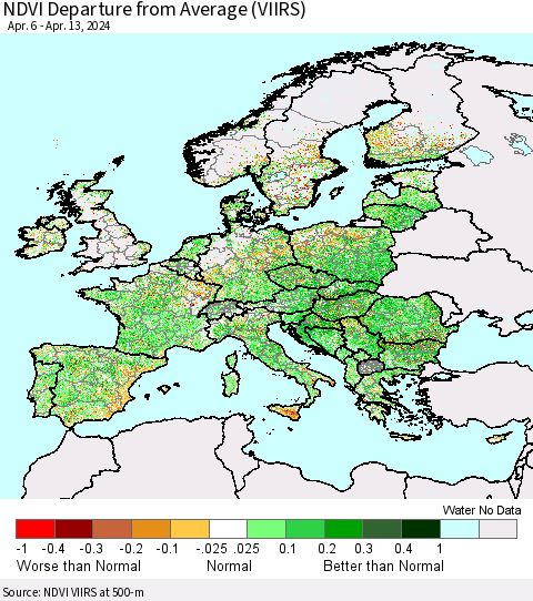 Europe NDVI Departure from Average (VIIRS) Thematic Map For 4/6/2024 - 4/13/2024