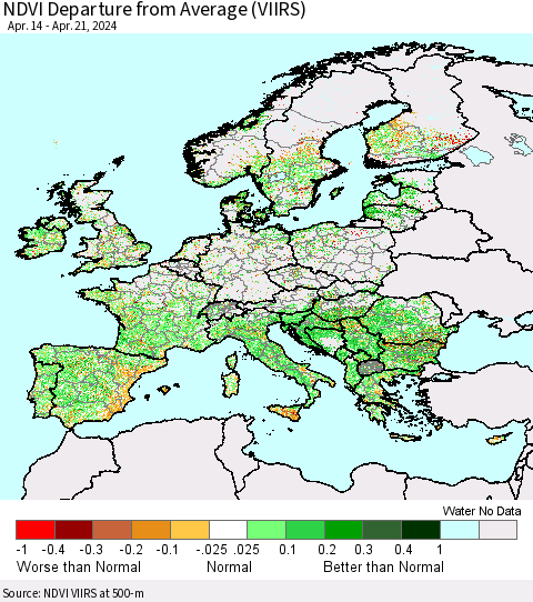 Europe NDVI Departure from Average (VIIRS) Thematic Map For 4/14/2024 - 4/21/2024