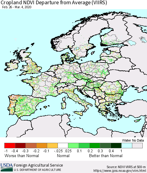 Europe Cropland NDVI Departure from Average (VIIRS) Thematic Map For 3/1/2020 - 3/10/2020