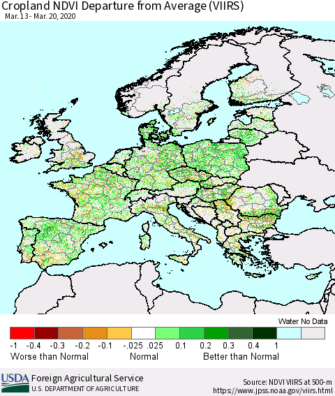 Europe Cropland NDVI Departure from Average (VIIRS) Thematic Map For 3/11/2020 - 3/20/2020