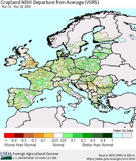 Europe Cropland NDVI Departure from Average (VIIRS) Thematic Map For 3/21/2020 - 3/31/2020