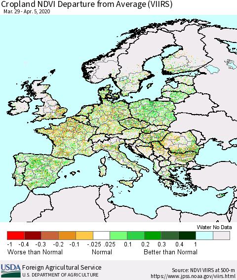 Europe Cropland NDVI Departure from Average (VIIRS) Thematic Map For 4/1/2020 - 4/10/2020