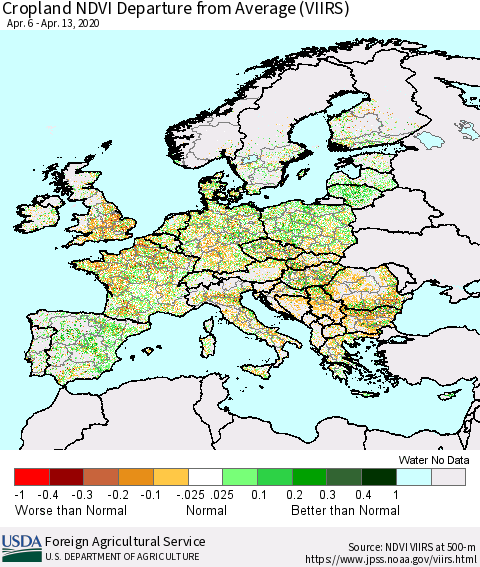 Europe Cropland NDVI Departure from Average (VIIRS) Thematic Map For 4/11/2020 - 4/20/2020