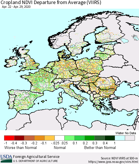 Europe Cropland NDVI Departure from Average (VIIRS) Thematic Map For 4/21/2020 - 4/30/2020