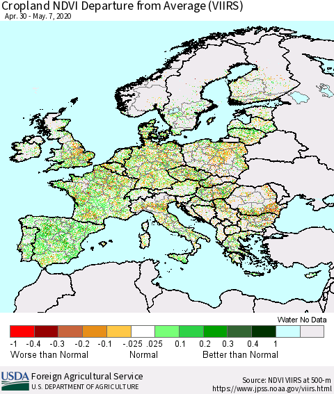 Europe Cropland NDVI Departure from Average (VIIRS) Thematic Map For 5/1/2020 - 5/10/2020