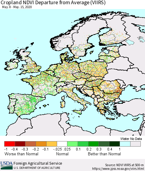 Europe Cropland NDVI Departure from Average (VIIRS) Thematic Map For 5/11/2020 - 5/20/2020