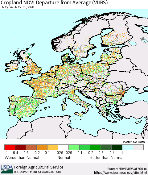 Europe Cropland NDVI Departure from Average (VIIRS) Thematic Map For 5/21/2020 - 5/31/2020