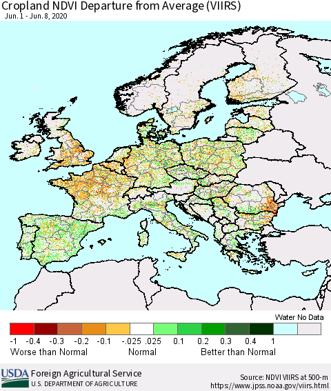 Europe Cropland NDVI Departure from Average (VIIRS) Thematic Map For 6/1/2020 - 6/10/2020