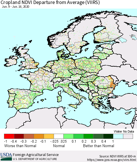 Europe Cropland NDVI Departure from Average (VIIRS) Thematic Map For 6/11/2020 - 6/20/2020