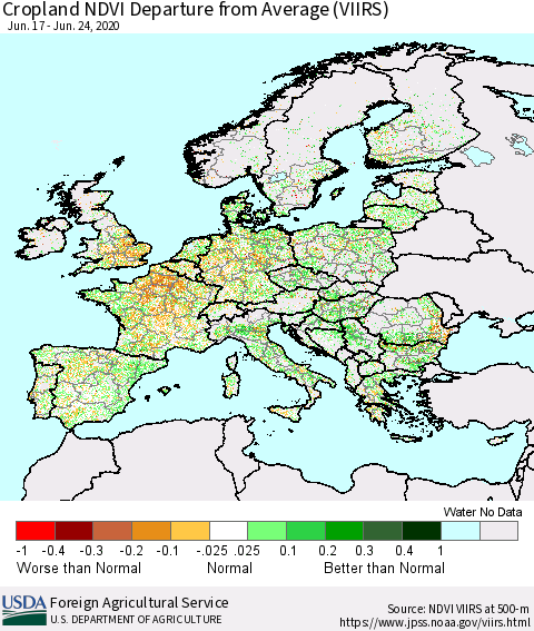 Europe Cropland NDVI Departure from Average (VIIRS) Thematic Map For 6/21/2020 - 6/30/2020
