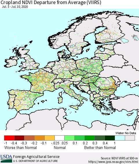 Europe Cropland NDVI Departure from Average (VIIRS) Thematic Map For 7/1/2020 - 7/10/2020