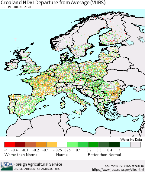 Europe Cropland NDVI Departure from Average (VIIRS) Thematic Map For 7/21/2020 - 7/31/2020