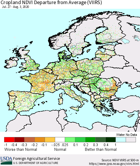 Europe Cropland NDVI Departure from Average (VIIRS) Thematic Map For 8/1/2020 - 8/10/2020