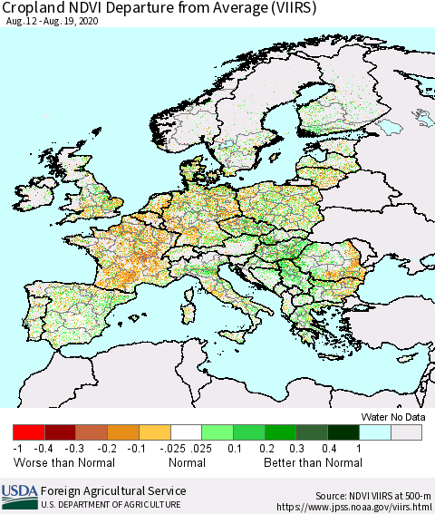 Europe Cropland NDVI Departure from Average (VIIRS) Thematic Map For 8/11/2020 - 8/20/2020