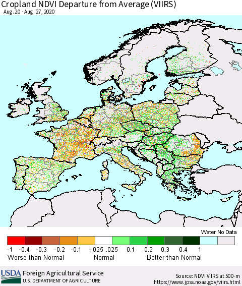 Europe Cropland NDVI Departure from Average (VIIRS) Thematic Map For 8/21/2020 - 8/31/2020