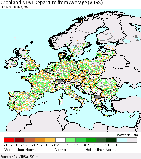 Europe Cropland NDVI Departure from Average (VIIRS) Thematic Map For 2/26/2021 - 3/5/2021