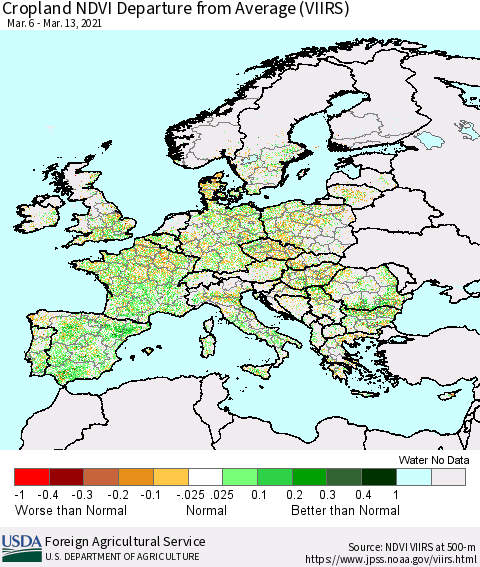 Europe Cropland NDVI Departure from Average (VIIRS) Thematic Map For 3/11/2021 - 3/20/2021