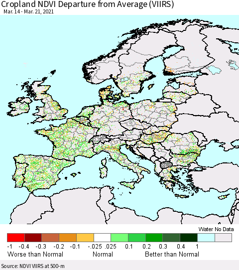 Europe Cropland NDVI Departure from Average (VIIRS) Thematic Map For 3/14/2021 - 3/21/2021