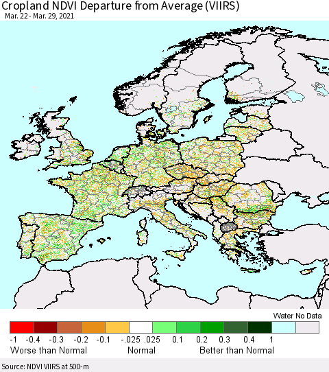 Europe Cropland NDVI Departure from Average (VIIRS) Thematic Map For 3/22/2021 - 3/29/2021