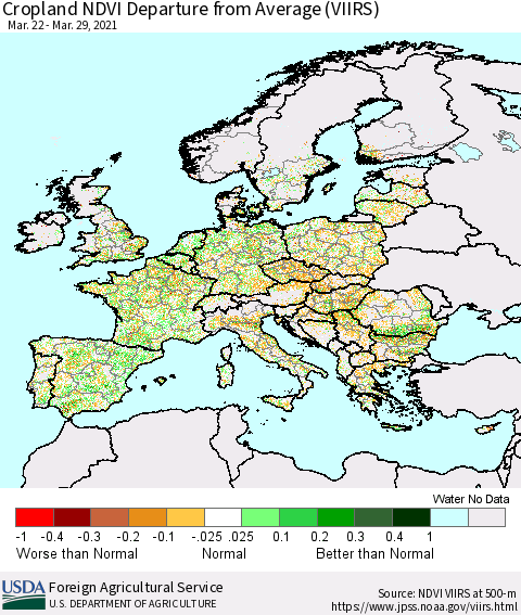 Europe Cropland NDVI Departure from Average (VIIRS) Thematic Map For 3/21/2021 - 3/31/2021