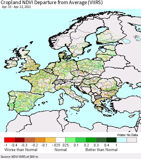 Europe Cropland NDVI Departure from Average (VIIRS) Thematic Map For 4/15/2021 - 4/22/2021