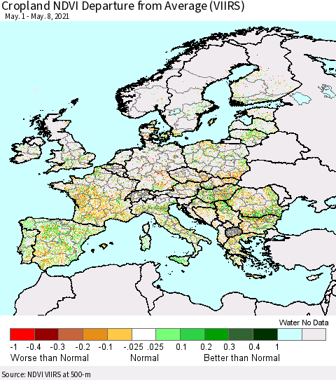 Europe Cropland NDVI Departure from Average (VIIRS) Thematic Map For 5/1/2021 - 5/8/2021