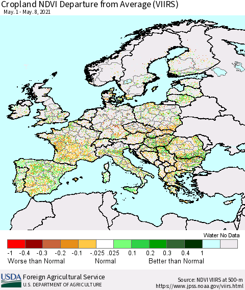 Europe Cropland NDVI Departure from Average (VIIRS) Thematic Map For 5/1/2021 - 5/10/2021