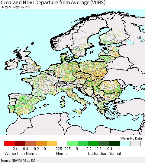 Europe Cropland NDVI Departure from Average (VIIRS) Thematic Map For 5/9/2021 - 5/16/2021