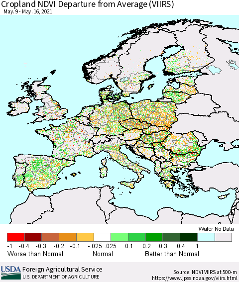 Europe Cropland NDVI Departure from Average (VIIRS) Thematic Map For 5/11/2021 - 5/20/2021