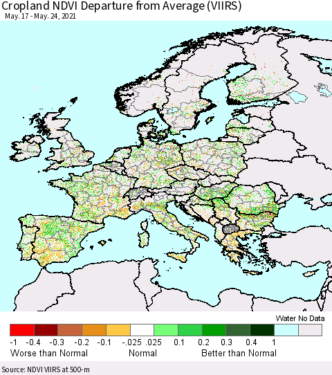 Europe Cropland NDVI Departure from Average (VIIRS) Thematic Map For 5/17/2021 - 5/24/2021
