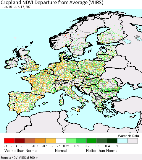 Europe Cropland NDVI Departure from Average (VIIRS) Thematic Map For 6/10/2021 - 6/17/2021