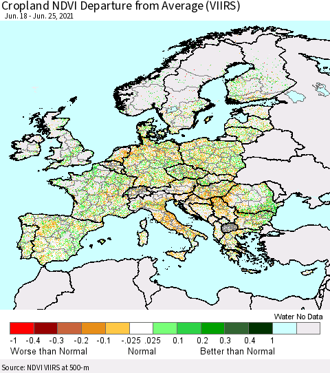 Europe Cropland NDVI Departure from Average (VIIRS) Thematic Map For 6/18/2021 - 6/25/2021