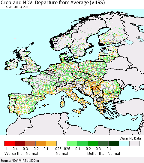 Europe Cropland NDVI Departure from Average (VIIRS) Thematic Map For 6/26/2021 - 7/3/2021