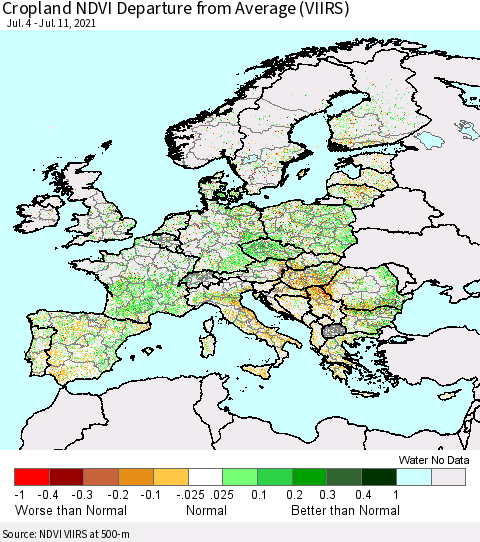 Europe Cropland NDVI Departure from Average (VIIRS) Thematic Map For 7/4/2021 - 7/11/2021