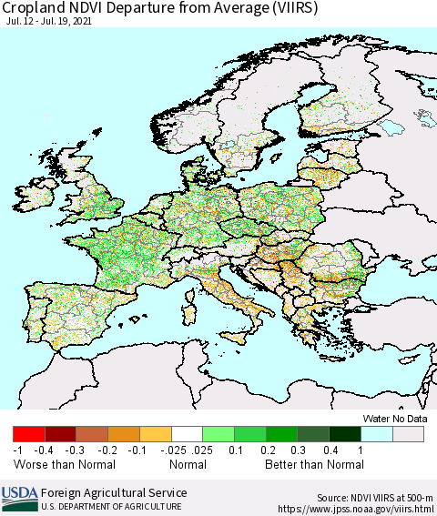 Europe Cropland NDVI Departure from Average (VIIRS) Thematic Map For 7/11/2021 - 7/20/2021