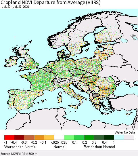 Europe Cropland NDVI Departure from Average (VIIRS) Thematic Map For 7/20/2021 - 7/27/2021
