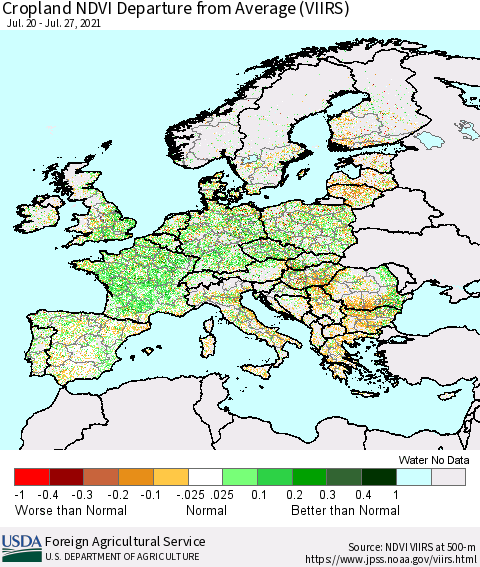 Europe Cropland NDVI Departure from Average (VIIRS) Thematic Map For 7/21/2021 - 7/31/2021