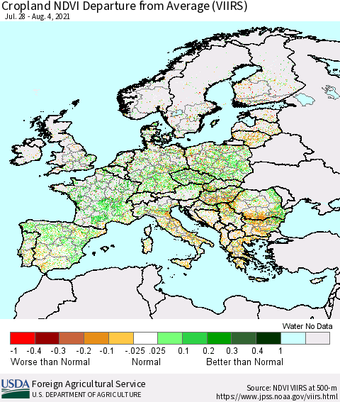 Europe Cropland NDVI Departure from Average (VIIRS) Thematic Map For 8/1/2021 - 8/10/2021