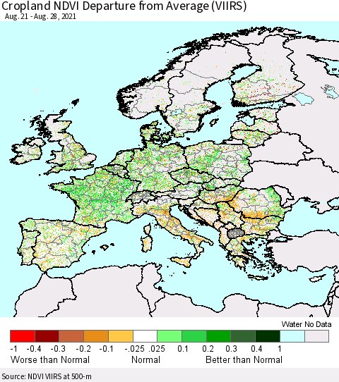 Europe Cropland NDVI Departure from Average (VIIRS) Thematic Map For 8/21/2021 - 8/28/2021