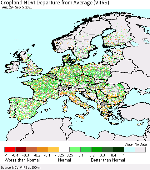 Europe Cropland NDVI Departure from Average (VIIRS) Thematic Map For 8/29/2021 - 9/5/2021