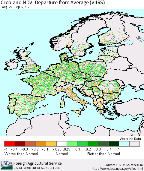 Europe Cropland NDVI Departure from Average (VIIRS) Thematic Map For 9/1/2021 - 9/10/2021