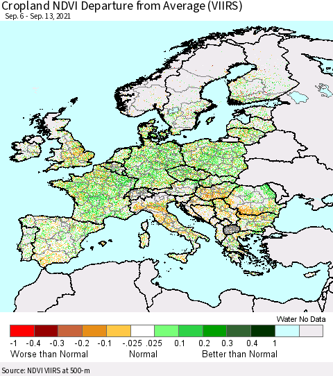 Europe Cropland NDVI Departure from Average (VIIRS) Thematic Map For 9/6/2021 - 9/13/2021