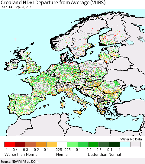 Europe Cropland NDVI Departure from Average (VIIRS) Thematic Map For 9/14/2021 - 9/21/2021