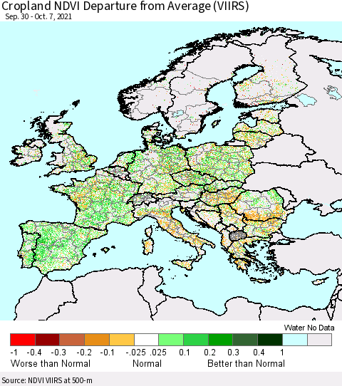 Europe Cropland NDVI Departure from Average (VIIRS) Thematic Map For 9/30/2021 - 10/7/2021
